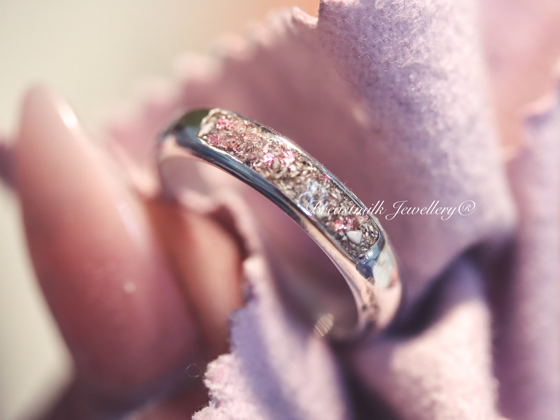 Cremation ashes channel ring with pink flecks 
